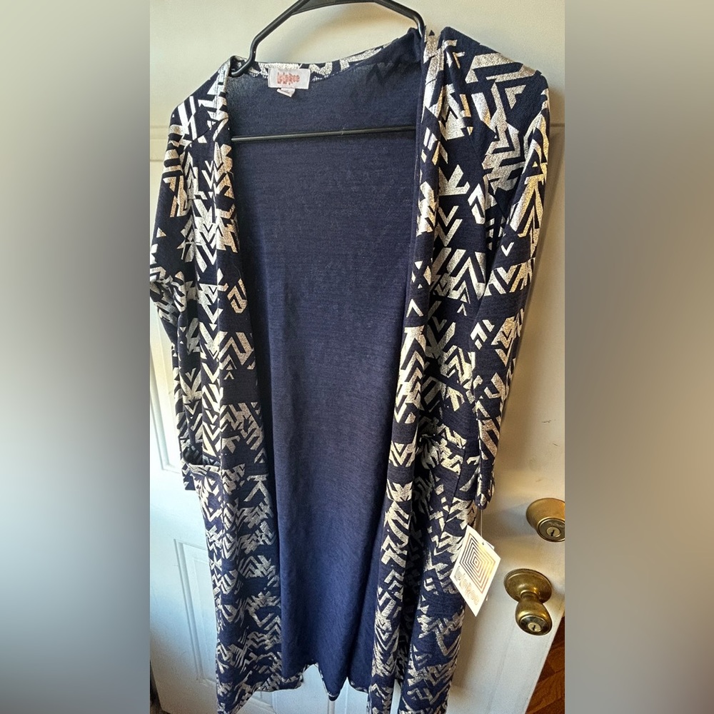 Sarah Cardigan Blue/ Silver Metallic Aztec  2  Pockets on the front